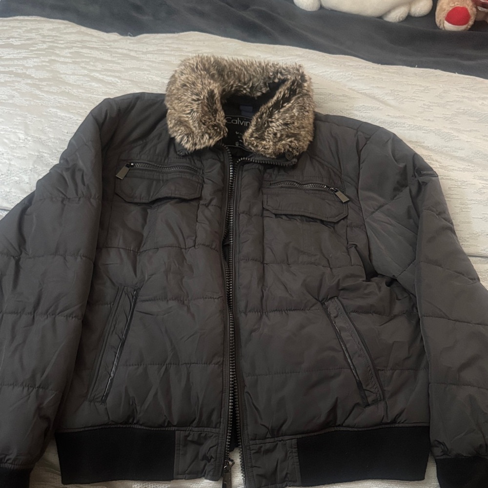 Calvin Klein Men's Black Puffer Jacket with Faux Fur Collar
